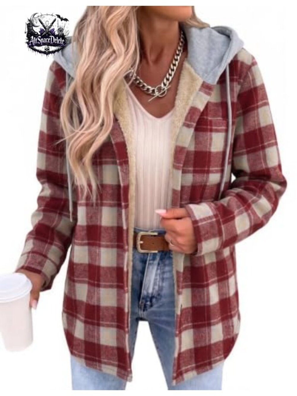 Women Plaid Shacket Fleece Hooded Winter Coat Warm Jacket